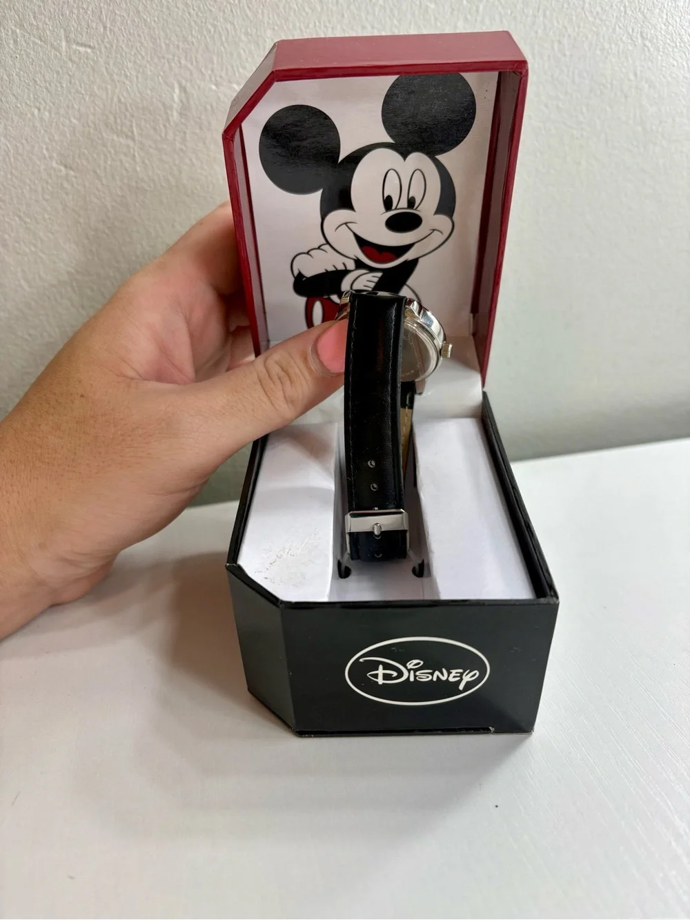 Disney Mickey Mouse Silver-Tone Watch with Black Strap and Red/Yellow Accents